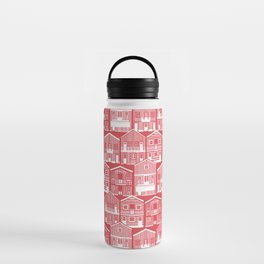 Monochromatic Portuguese houses // mandy red background white striped Costa Nova inspired houses Water Bottle