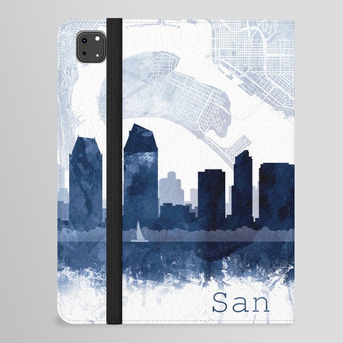 San Diego Skyline & Map Watercolor Navy Blue, Print by Zouzounio Art iPad Folio Case