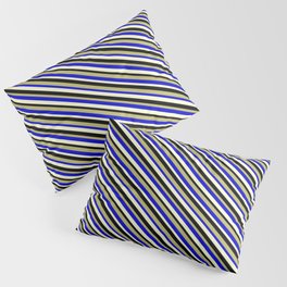 [ Thumbnail: Dark Khaki, Blue, Light Yellow & Black Colored Stripes Pattern Pillow Sham ]