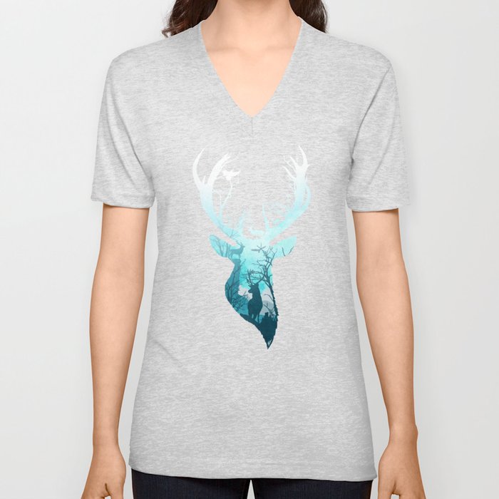 Deer Blue Winter V Neck T Shirt