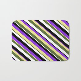 [ Thumbnail: Vibrant Purple, Tan, Dark Olive Green, White & Black Colored Lined/Striped Pattern Bath Mat ]