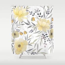 Modern, Floral Prints, Yellow, Gray and White Shower Curtain