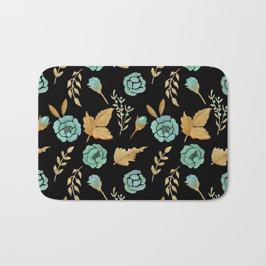 Watercolor floral turqiouse roses print Bath Mat