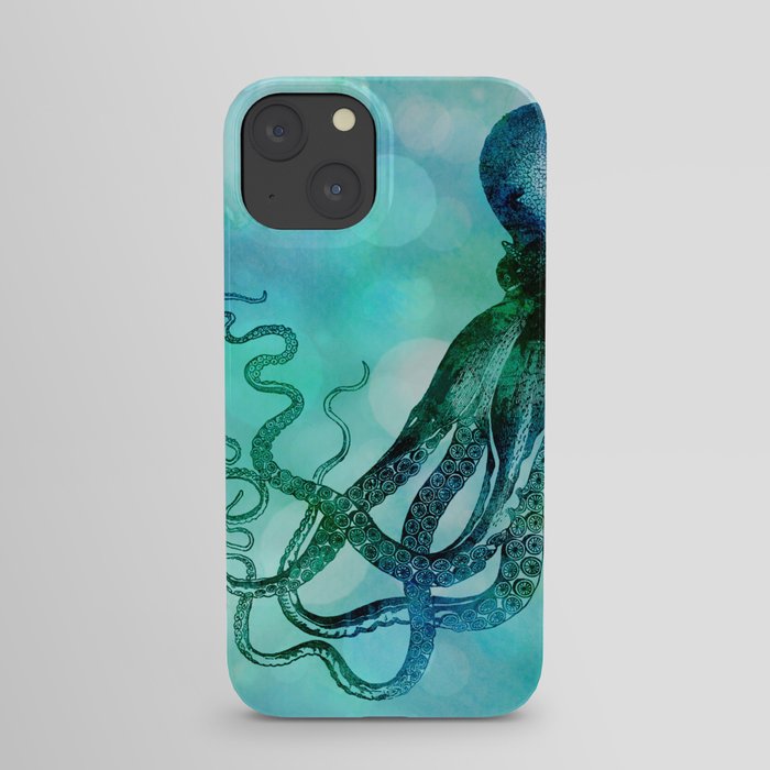 Octopus blue green mixed media underwater artwork iPhone Case