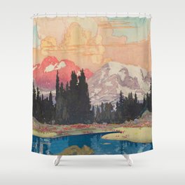 Storms over Keiisino - Winter Mountain & Forest Ukiyoe Nature Landscape in Pink, Blue, and Green Shower Curtain