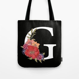 Monogram Letter G with Flowers Black background Tote Bag