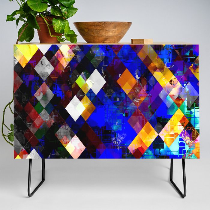 geometric pixel square pattern abstract background in blue yellow Credenza