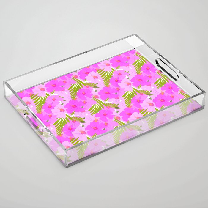 Retro Modern Hibiscus Floral Pattern Pink Acrylic Tray