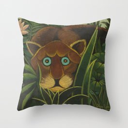 Lioness peers out of the jungle and grasses, circa 1890, oil on canvas print by Henri Rousseau Throw Pillow
