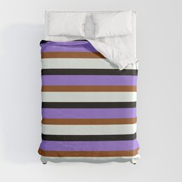 [ Thumbnail: Purple, Brown, Mint Cream, and Black Colored Stripes/Lines Pattern Duvet Cover ]