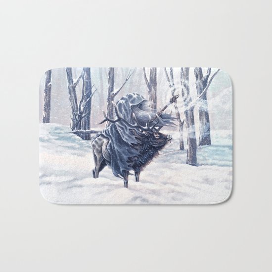 Magical Wizard Riding an Elk in the Snow Bath Mat