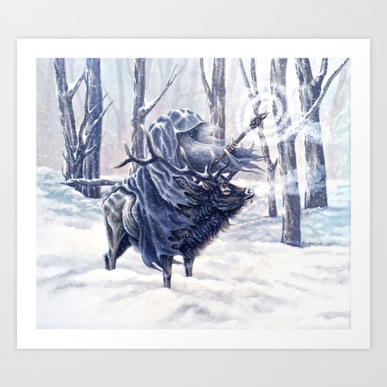 Magical Wizard Riding an Elk in the Snow Art Print