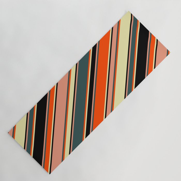 Vibrant Dark Salmon, Dark Slate Gray, Red, Pale Goldenrod, and Black Colored Lines/Stripes Pattern Yoga Mat
