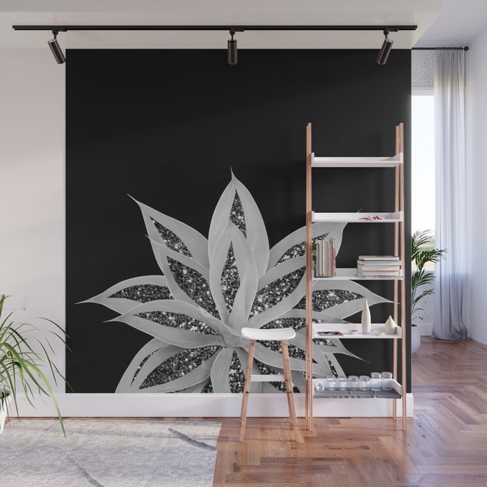 Gray Agave with Black Silver Glitter #2 #shiny #tropical #decor #art #society6 Wall Mural
