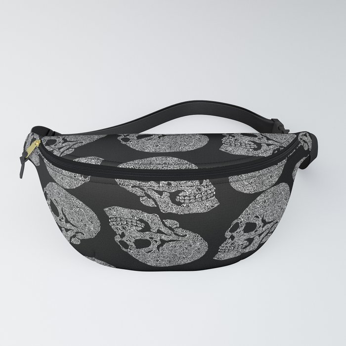 Skull doodle pattern white on black trippy art Fanny Pack by