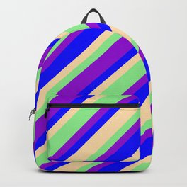[ Thumbnail: Light Green, Dark Violet, Blue & Tan Colored Lines Pattern Backpack ]