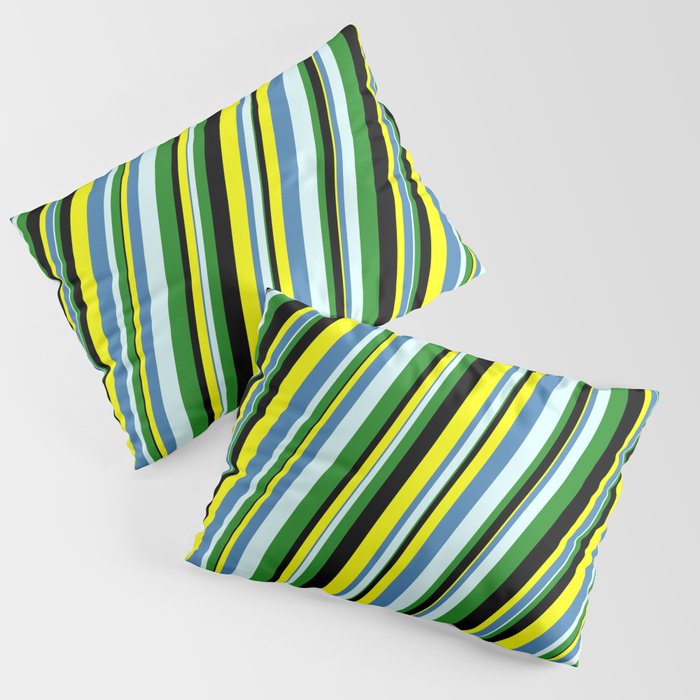 Yellow, Blue, Light Cyan, Forest Green, and Black Colored Stripes Pattern Pillow Sham