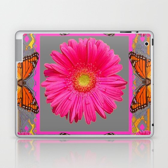 Pink Gerbera Flowers Orange Butterflies Grey Patterns Laptop & iPad Skin