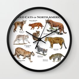 Wildcats of North America Wall Clock | Bobcat, Ocelot, Catart, Wildcats, Floridapanther, Bigcats, Jaguarundi, Jaguar, Felines, Wildlifeart 