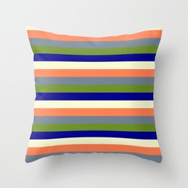 [ Thumbnail: Eye-catching Coral, Slate Gray, Green, Dark Blue & Light Yellow Colored Striped Pattern Throw Pillow ]