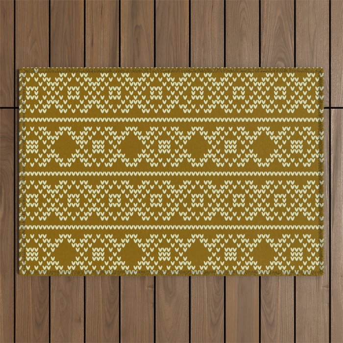 Decorative Gold and White Christmas Knit Pattern Outdoor Rug