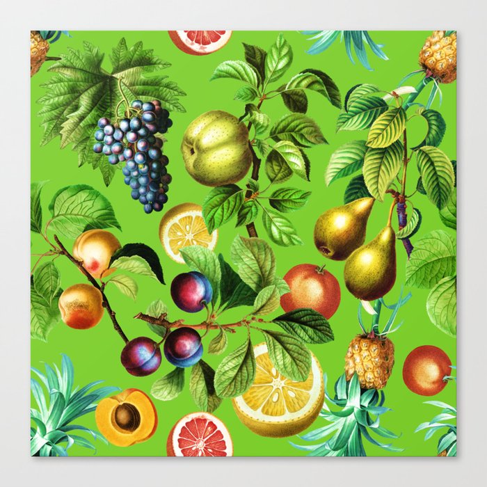 Fruit Pattern On Green Background Canvas Print