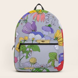 Floral background seamless vintage. Lilies, pansies, geranium, Petunia, Echinacea on a romantic pattern.  Backpack
