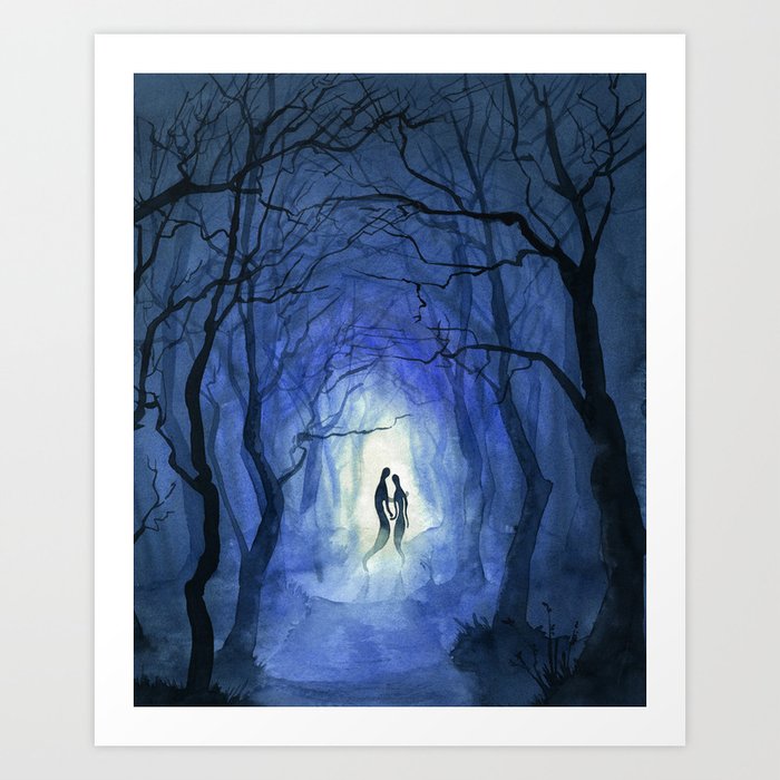 Two ghosts in love in foggy forest Art Print