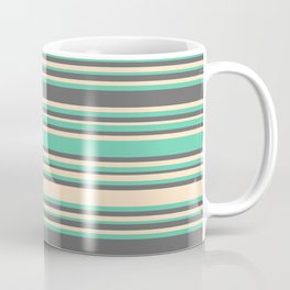 [ Thumbnail: Aquamarine, Dim Gray, and Bisque Colored Lines/Stripes Pattern Coffee Mug ]