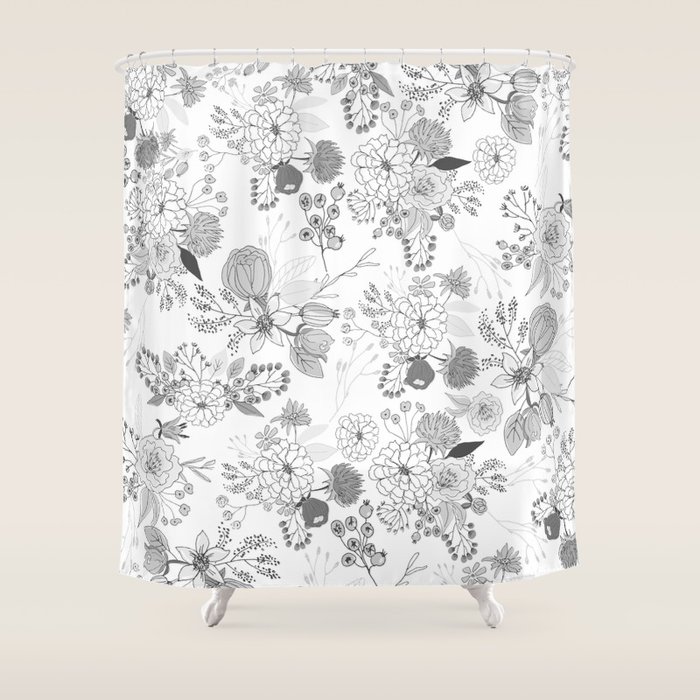 Modern Elegant Black White Rustic Floral Illustration Shower