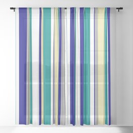 [ Thumbnail: Eye-catching Dark Cyan, Pale Goldenrod, Dark Grey, Blue, and White Colored Lines Pattern Sheer Curtain ]