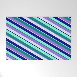 [ Thumbnail: Eye-catching Teal, Purple, Lavender, Dark Blue, and Aquamarine Colored Pattern of Stripes Welcome Mat ]