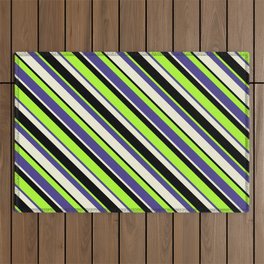 [ Thumbnail: Light Green, Dark Slate Blue, Beige, and Black Colored Lines/Stripes Pattern Outdoor Rug ]