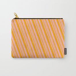 [ Thumbnail: Light Pink and Orange Colored Lined Pattern Carry-All Pouch ]
