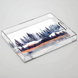 Winter Landscape With Pine Trees And Snow Watercolor Acrylic Tray