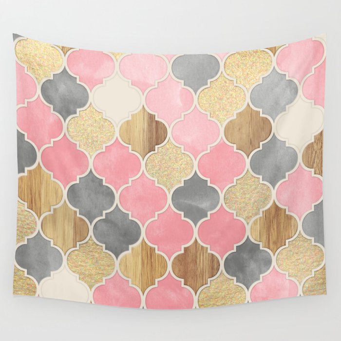 Silver Grey, Soft Pink, Wood & Gold Moroccan Pattern Wall Tapestry