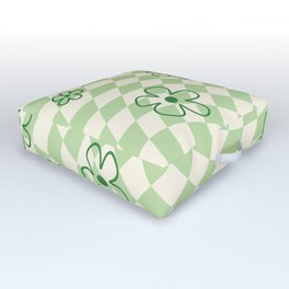 Green Checker Swirl With Flowers Outdoor Floor Cushion