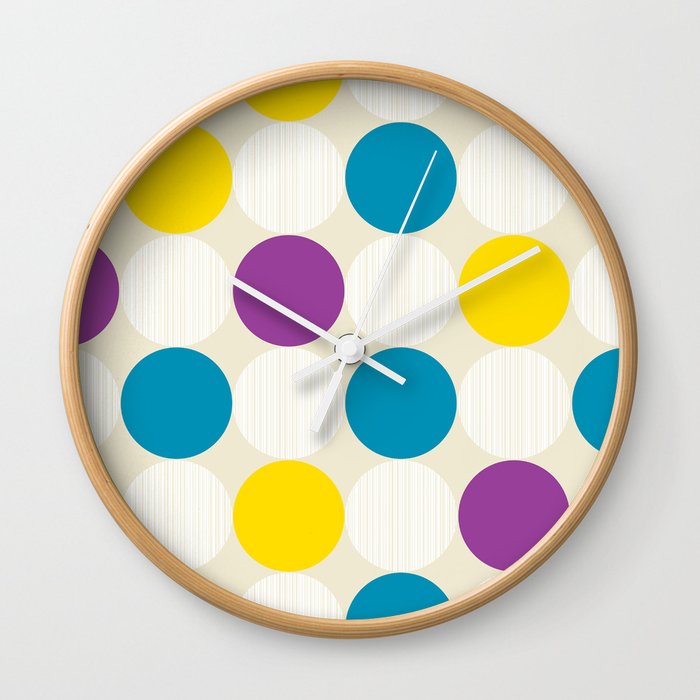 Yellow White Purple Blue Polka Dots on Beige Wall Clock