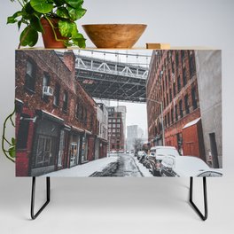 New York City Manhattan Bridge in DUMBO during snowstorm Credenza