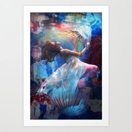 Underwaterworld - Woman With White Dress Underwater With Jellyfish Art Print