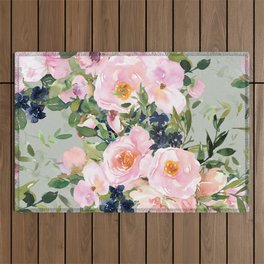 Festive, Floral Watercolor Roses, Green and Pink Outdoor Rug