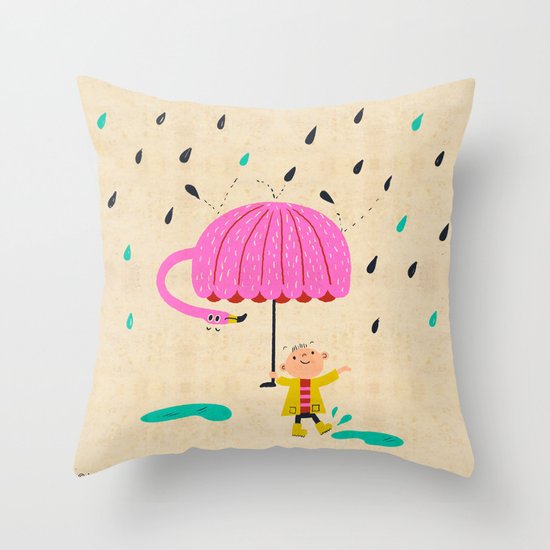 one of the many uses of a flamingo - umbrella Throw Pillow