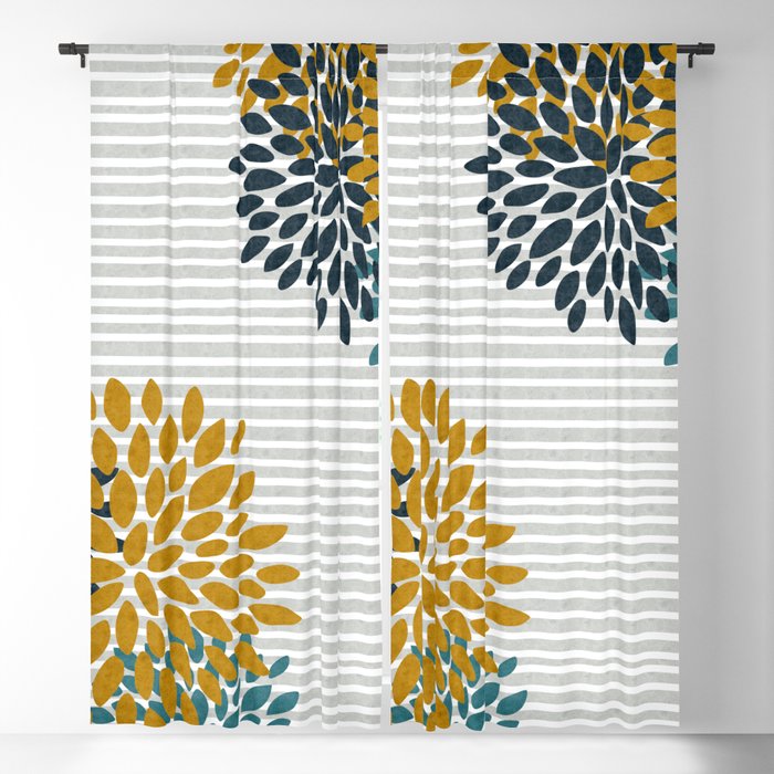 Floral Blooms and Stripes, Navy Blue, Teal, Yellow, Gray Blackout Curtain