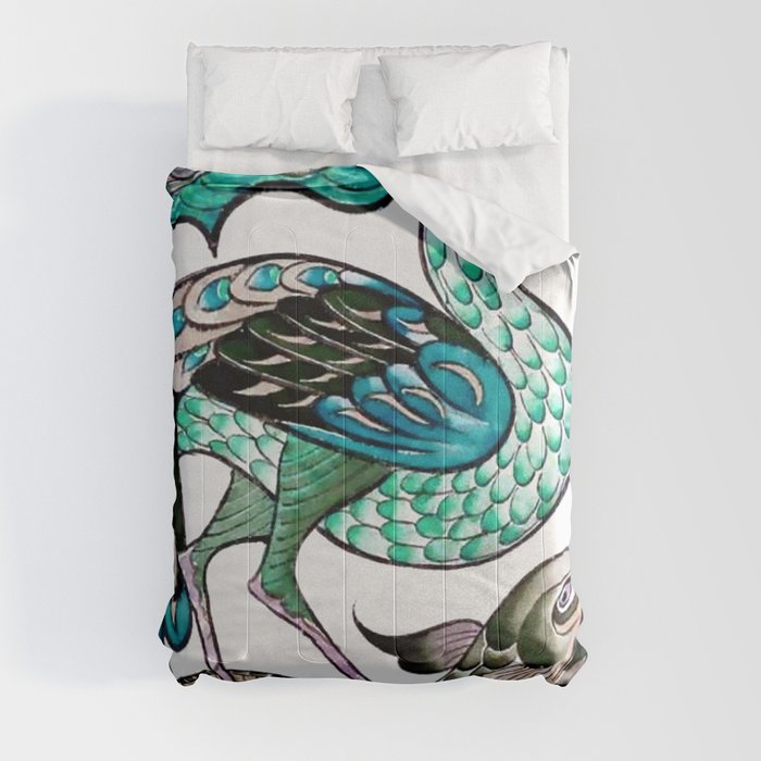 Walter Crane "Heron And Fish Ceramic Tile" (green turquoise) Comforter