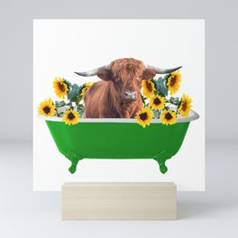 Highland cow - green Bathtub - sunflower blossoms Mini Art Print