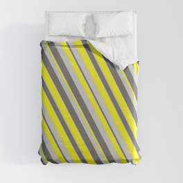 [ Thumbnail: Dim Grey, Yellow & Light Gray Colored Stripes/Lines Pattern Duvet Cover ]