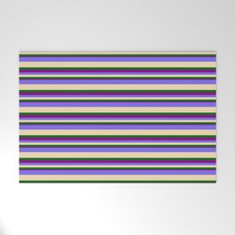 [ Thumbnail: Medium Slate Blue, Tan, Dark Green & Purple Colored Pattern of Stripes Welcome Mat ]