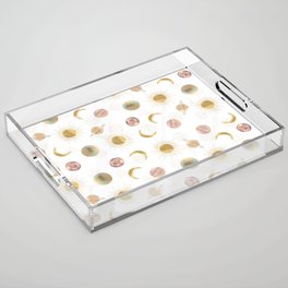Gold Sun Moon Planets Space White illustration Acrylic Tray