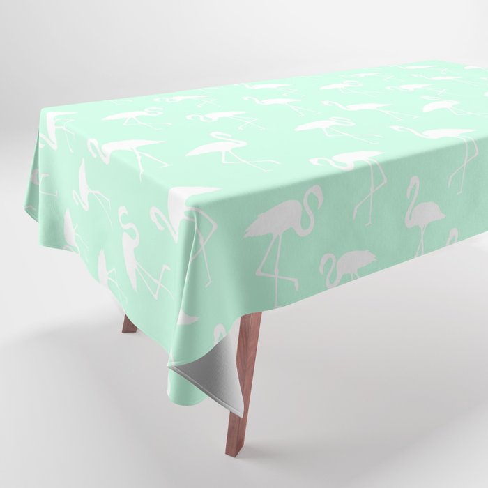 White flamingo silhouettes seamless pattern on mint green background Tablecloth