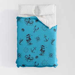 Turquoise And Blue Silhouettes Of Vintage Nautical Pattern Duvet Cover